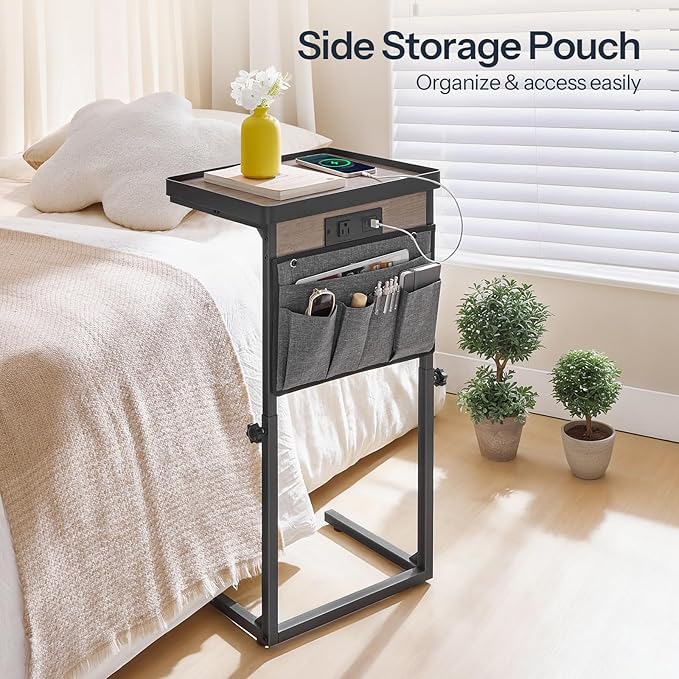 HOOBRO C-Shaped Side Table with Charging Station, 29.5” Sofa End Table Adjustable Height, Small Slide Under Couch Table for Sofa Arm Tray, for Living Room, Bedroom, Greige and Black BG78USF01