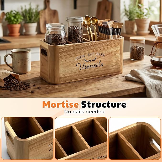 Wooden Kitchen Utensil Holder Organizer for Counter or Countertop, Acacia Utensil Holder with Magnetic Strip for Knife, Cooking and Silverware Storage(4 Compartment, Extra Large)