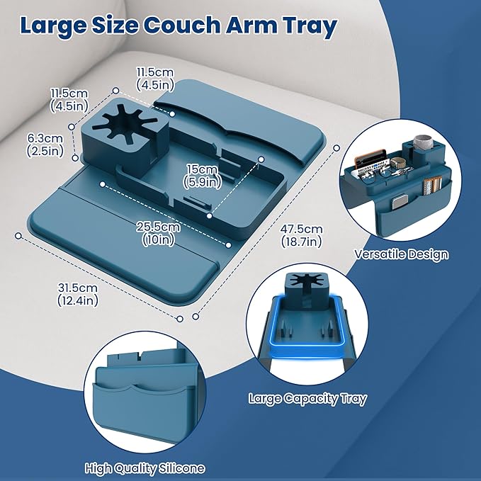 ENNVA Couch Arm Cup Holder Tray, Silicone Anti-Slip Sofa Armrest Table with Dual Side Storage Pockets, Drink Holder, Phone Stand & Remote Organizer, Couch Caddy for Wide Armrest (Blue)