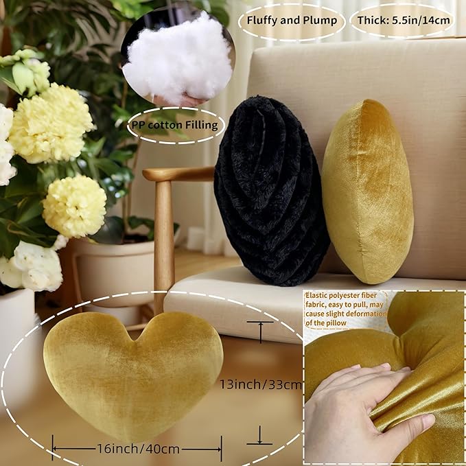 16 Inch Gold Heart Pillow Decorative Throw Pillows, Heart Shaped Soft Fluffy Cute Pillows Cushions for Valentines Wedding Couch Chair Bed Bedroom Room Home Decor Aesthetic (1, Gold, Medium-16"x13")