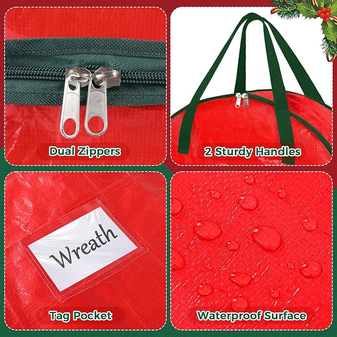 DeckTheHalls Christmas Wreath Storage Container, 2-PACK Waterproof Christmas Storage with Secure Zipper, Reinforced Carry Handles, Year-Round Protection for Christmas Garland & Holiday Decor (30 Inch)