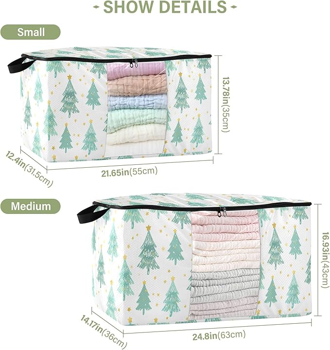 Burbuja Christmas Tree Clothes Storage Bag with Lids and Handle, 2 Pack Foldable Blanket Storage Container with Sturdy Zipper & Clear Window for Bedroom Closet, 60L