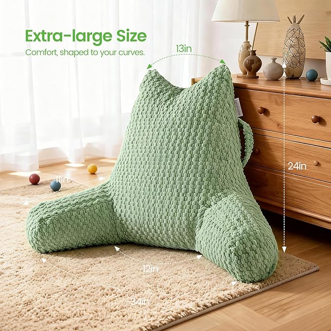 Reading Pillow for Bed Sitting Up, Backrest Pillow with Shredded Memory Foam Filling, Back Support Cushion, Bed Rest Pillow with Arms, Pockets and Washable Cover-Green