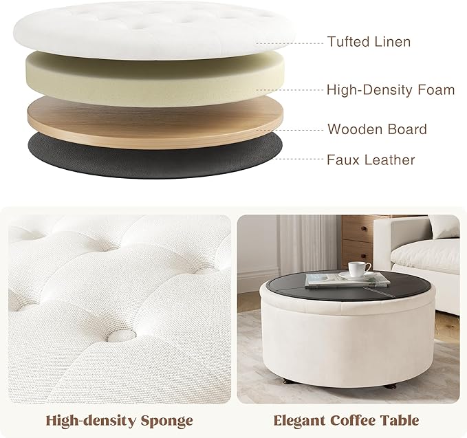30 Inch Round Storage Ottoman,Modern Tufted Ottomans,Circular Coffee Table with Removable Top,Upholstered Large Ottoman with Storage Footrest Stool for Bedroom Living Room (White)