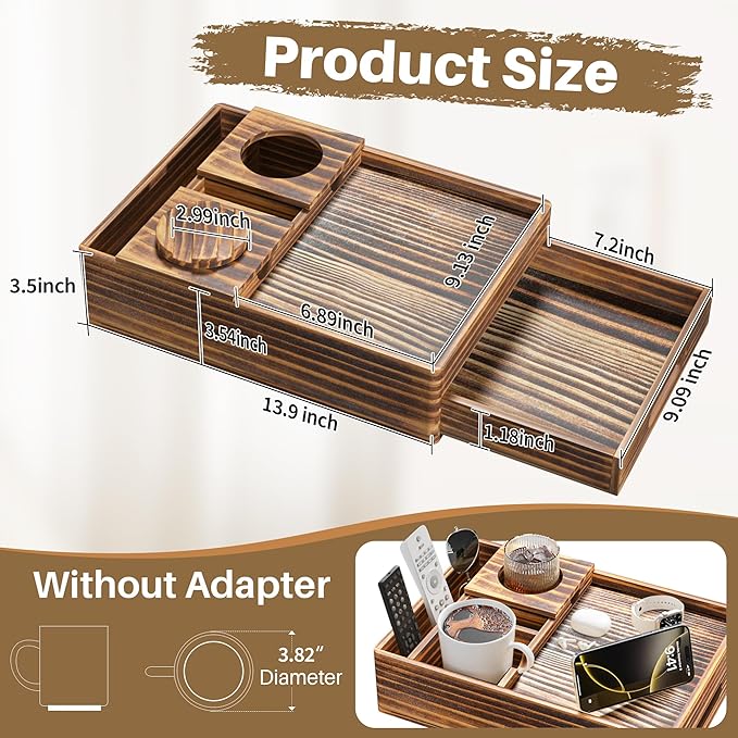 Vintage Wood Couch Cup Holder, 7-in-1 Couch Caddy Tray, Sofa Side Table with Push-Pull Drawer to Organize and Store Small Objects, 360°Swivel Phone Holder, for Drink, Cups, Snacks, Remote