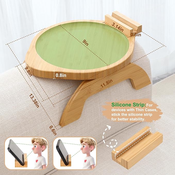 SINWANT Couch Arm Table, Bamboo Round Sofa Clip on Tray with 360° Phone Holder,Foldable Couch Armrest Table Eating on Chair Recliner for Snack Drink