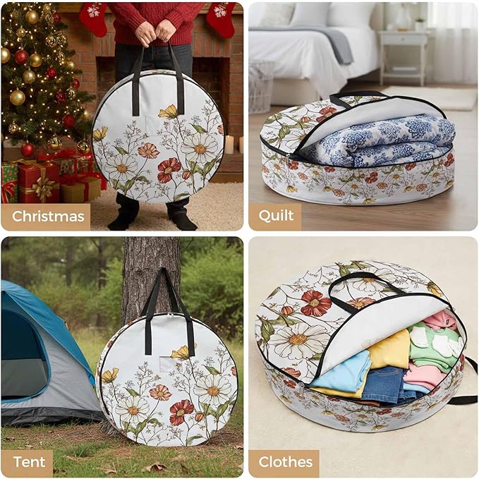 Daisy Flowers Round Storage Bag 30 Inch, Plants Spring Clothes Storage Container with Handles Heavy Duty Organizer for Comforter, Bedding & Holiday Wreaths