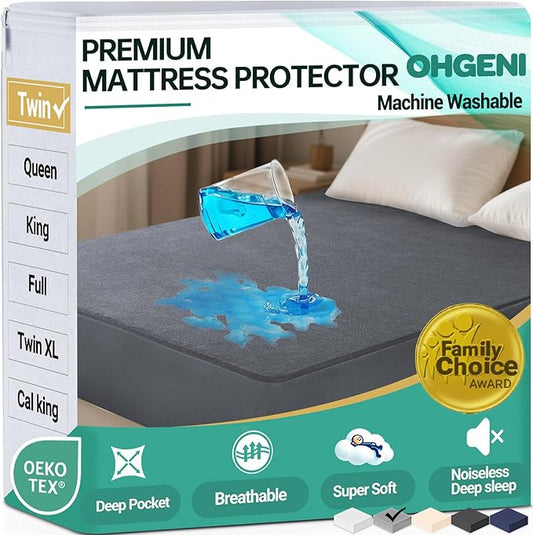 OhGeni 100% Waterproof Mattress Protector, Twin Grey Size, 6''-14'',Fitted Sheet with Deep Pockets, Premium Noiseless Breathable Soft Hypoallergenic Material, Mattresses Cover for Bed