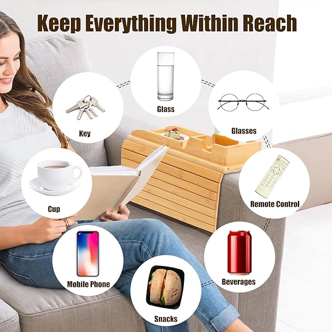 2 Pack Bamboo Couch Cup Holder, Foldable and Anti-Slip Sofa Arm Table with Detachable Sofa Arm Organizer Tray, Portable 2 in 1 Sofa Armrest Tray for Drink, Coffee, Cup, Remote, Snacks, Phone, Glasses