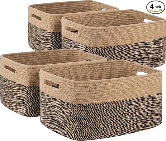 4 Pack Storage Baskets for Organizing, Woven Baskets for Shelves - Perfect for Toys, Books, Towels, and Clothes, Durable Gift Basket Bins Toy Storage, 15.7''Lx11.8''Wx7.8''H, Black and Brown