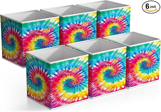 Sorbus 11 Inch Fabric Storage Cubes - Sturdy Collapsible Storage Bins & Handle - 6 Foldable Baskets for Organizing Clothes - Multi Colored Storage Baskets for Shelves (Dark Tie-dye, 11 Inch)