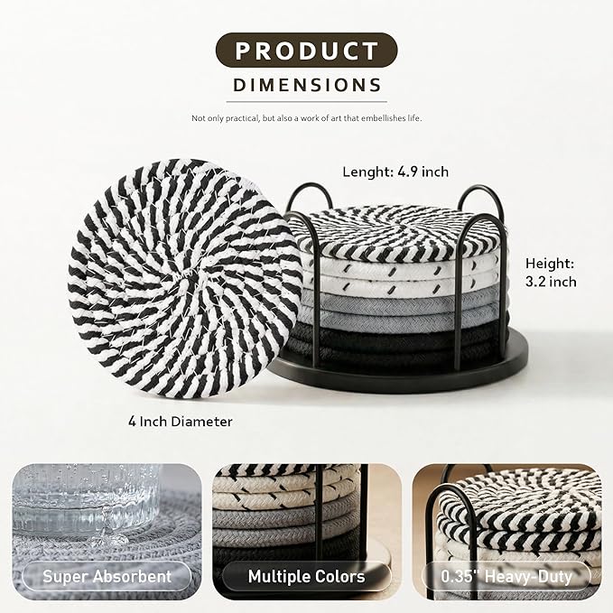 Coasters Set of 8 for Drinks, Beer, Coffee, Cotton Woven 4 Colors Absorbent Coaster with Holder, Boho Coasters for Home Decor Tabletop Protection Suitable for Kinds of Cups