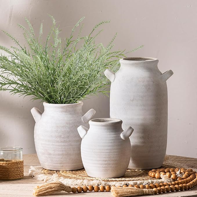 Vanselia Ceramic Flower Vase Home Decor - Farmhouse Table Vases with Handle Living Room Decoration Vintage Decorative Aesthetic for Shelf Coffee Dining Desk House Bookshelf Fireplace (6" Rustic)