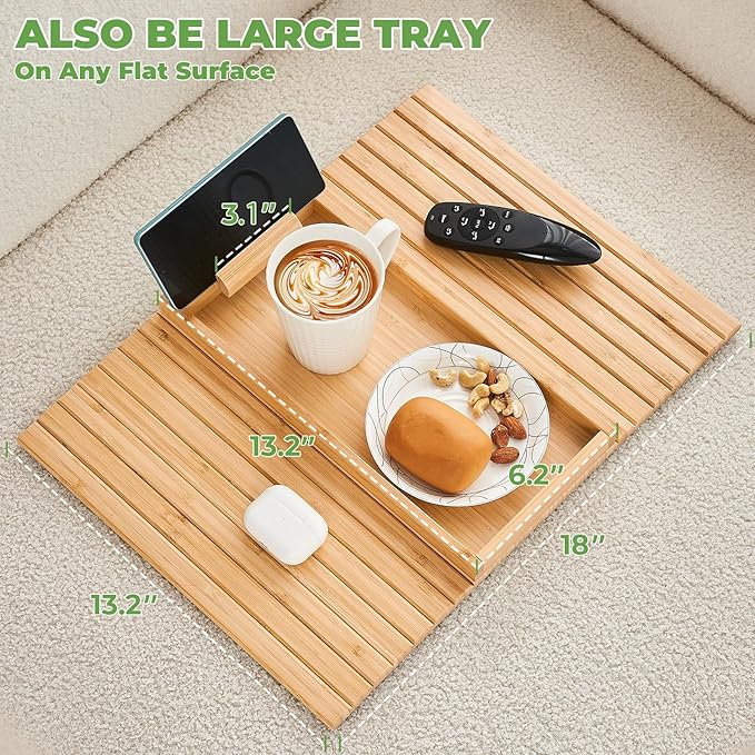LOVYANXUE Bamboo Sofa Arm Tray, Anti Falling Couch Arm Tray Armrest Table with 360° Rotating Phone Holder, Foldable and Portable Sofa Armrest Trays Cup Holder for Drink,Cups, Phone, Snacks, Remote