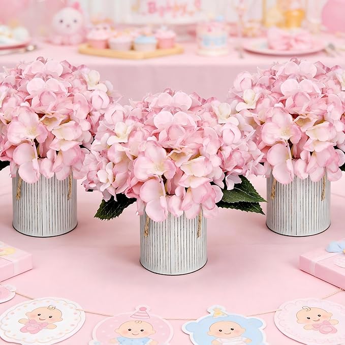 Flower Table Centerpieces - Set of 6 Floral Arrangement Artificial Wedding Hydrangeas Floral Arrangement with Rustic Metal Vase for Bridal Tea Party Event Decorations - Pink