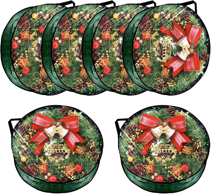 YAYODS 6 Pack Wreath Storage Container Bag 30 Inch Christmas Wreath Storage Bag Heavy Duty Christmas Wreath Boxes with Clear Window for Xmas Holiday Seasonal Wreath Garland(Green)