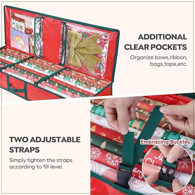 BALEINE Soft Christmas Wrapping Paper Storage Bag, 40" Durable PE Gift Wrap Storage Bag with Flexible Partitions and Pockets for Ribbon, Accessories (Red)