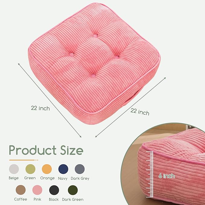 HIGOGOGO 6" Extra Thick Floor Pillow Cushion for Adults, Meditation Cushion Pillow, Large Square Floor Sitting, Tufted Corduroy Cover, for Tatami Living Room or Yoga, 22x22 Inch, Pink