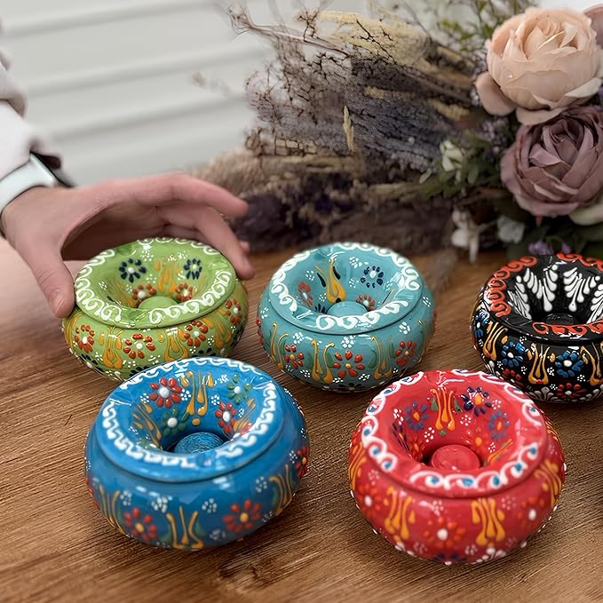 Decorative Ceramic Jar-Colorful Decorative Jar with Lid-Handmade Small Decorative Jar-Windproof Unique Jars-Turkish Home Decor (Navy)