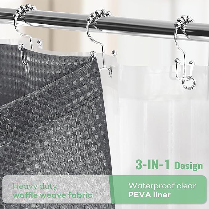 Dynamene Extra Long Shower Curtain and Liner Set - 84 inch Tall Waffle Fabric, Waterproof Clear Liner, Heavy Duty Weighted Hotel Luxury Shower Curtains for Bathroom with 12 Hooks, 72x84, Charcoal Grey