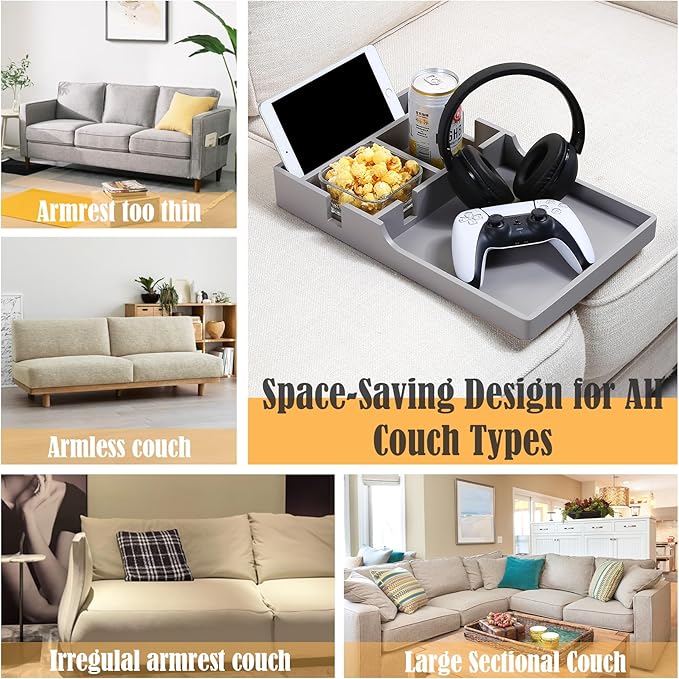 Nnewvante Couch Tray Between Cushion, 2-in-1 Insert & Flat Sofa Organizer Bamboo with 4 Compartments,Fits Middle Couch or Ottomans,for Snacks, Drinks, Remotes,15.35x9.84-inch,Gray