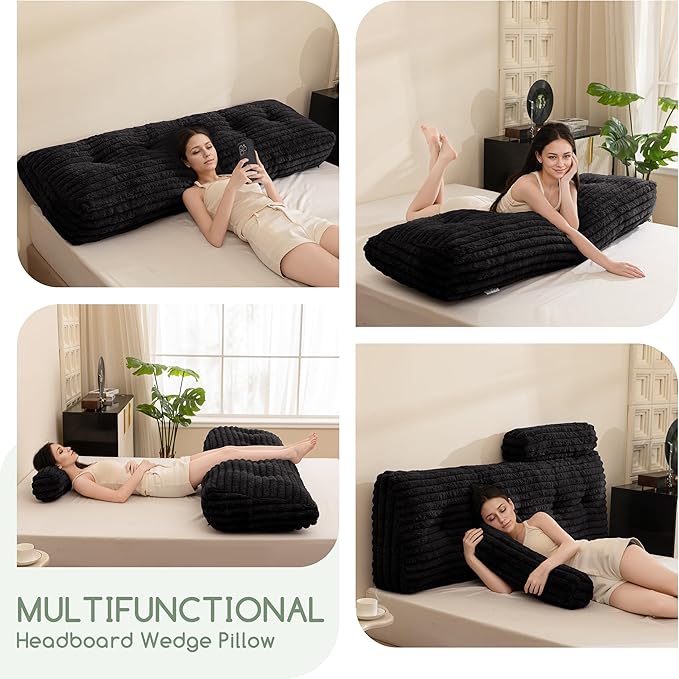 HIGOGOGO Triangular Headboard Wedge Pillow with 2 Cylindrical Pillows and Memory Foam Filling, Daybed Pillows for Sitting up, Reading or Working with Removable Cover,King 76"x19.7"