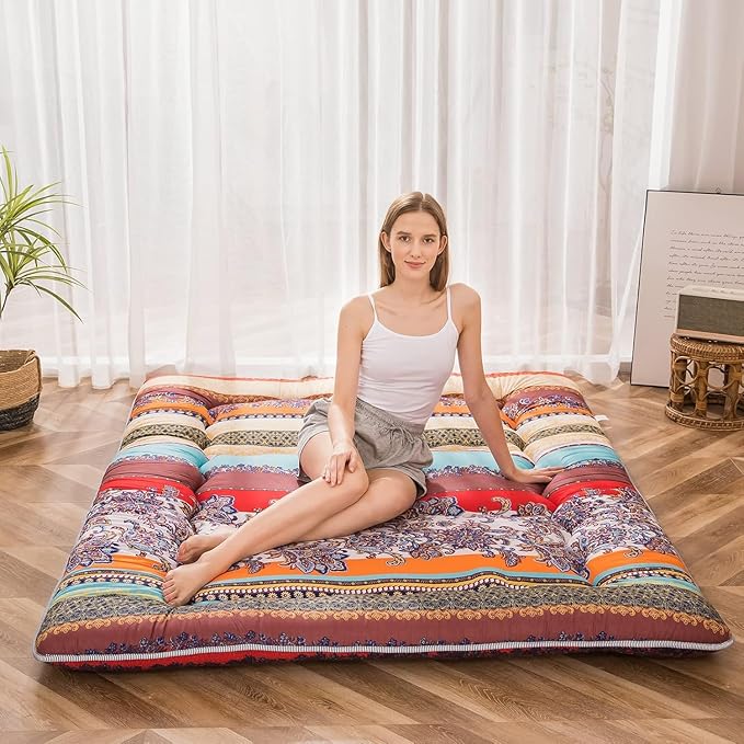 MAXYOYO Bohemian Retro Floor Mattress Vintage Floral Japanese Futon Mattress Roll Up Thicken Sleeping Mat Portable Camping Mattress Floor Lounger Couch Pad, Twin Size
