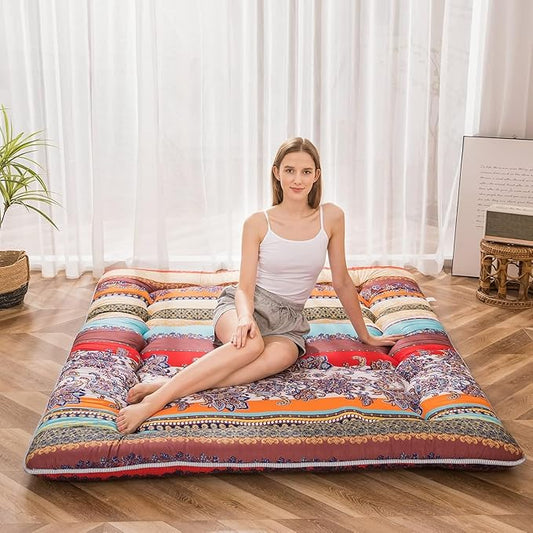 MAXYOYO Bohemian Retro Floor Mattress Vintage Floral Japanese Futon Mattress Roll Up Thicken Sleeping Mat Portable Camping Mattress Floor Lounger Couch Pad, Twin Size