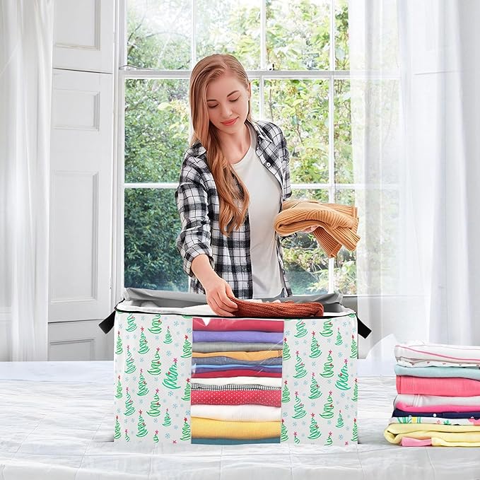 Burbuja Christmas Tree Clothes Storage Bag with Lids and Handle, 2 Pack Foldable Blanket Storage Container with Sturdy Zipper & Clear Window for Bedroom Closet, 60L