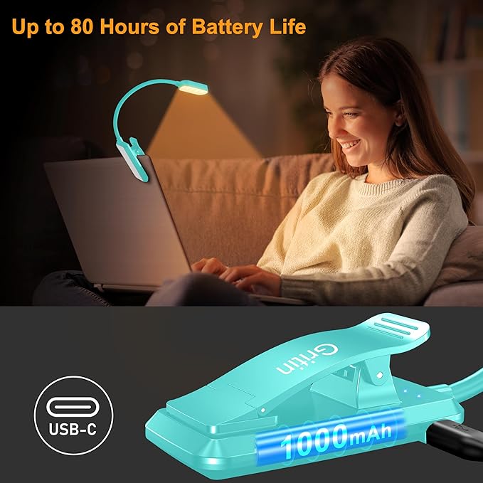 Gritin 16 LED Rechargeable Book Light for Reading in Bed- Eye Caring 3 Color Temperatures, Stepless Dimming Brightness, 80 Hrs Runtime, Lightweight Flexible Clip on Light for Book Lovers-Blue