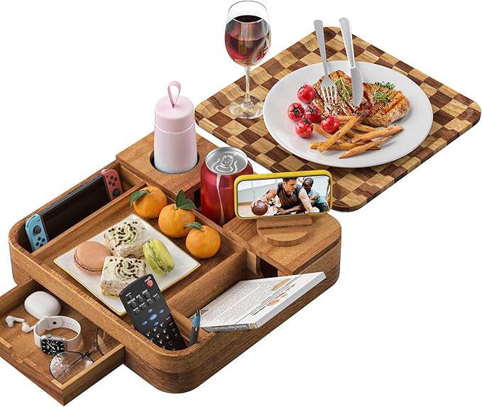 Couch Cup Holder, Checkered Couch Tray Cup Holder Sofa Tray, Acacia Wood Large Capacity 2-Tier Wooden Trays with Drawer for Sofa, Bed, Picnic, Drinks, Snacks, Remote, Cell Phone 12.5 * 12.5 in