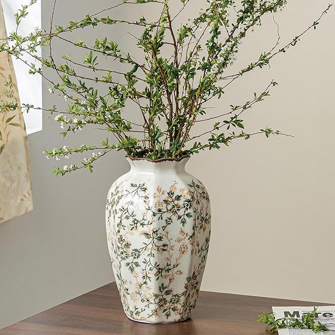 for Mom from Daughter or Son, Vintage Pastoral Octagonal Ceramic Vase 9.1”, Green & Beige Chinoiserie Floral Vase, Rustic Farmhouse Decor for Living Room, Kitchen, Bedroom, Shelf