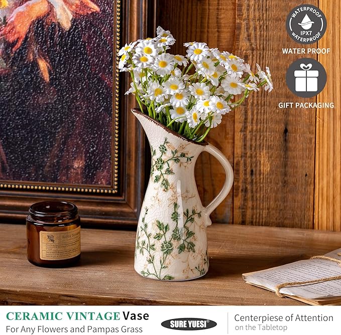 for Mom from Daughter or Son, SURE YUESI 7.3” Green Handcrafted Ceramic Pitcher Vase, Vintage Pastoral Floral Vase, Farmhouse Chinoiserie Tuscan Cottage Core Rustic Table Centerpiece