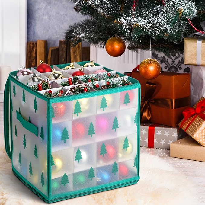 Saintrygo 4 Pcs Christmas Ornament Storage Box with 64 Compartment Zippered Bauble Storage Containers, Vinyl Plastic Ornament Box with Handles, 12 Inch (Tree Style)