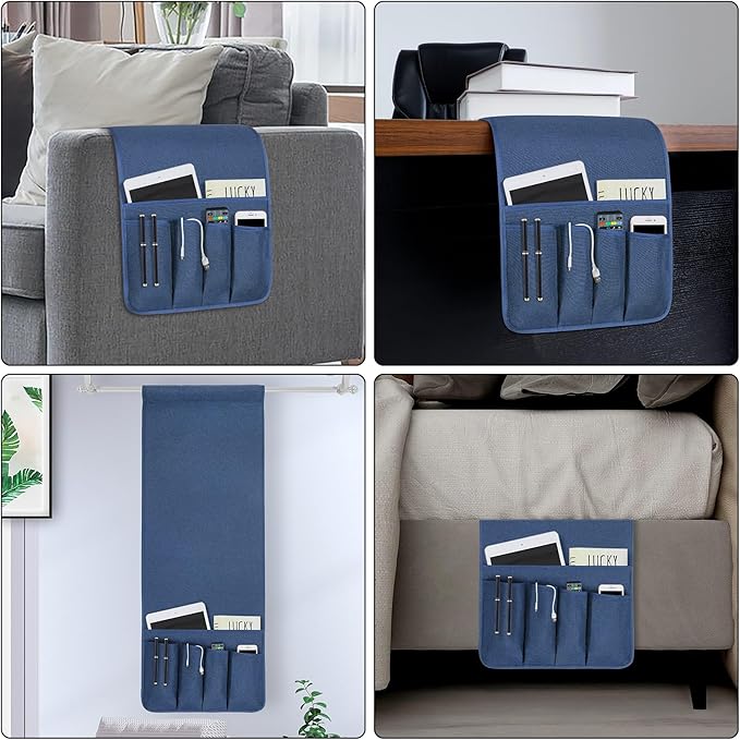 NB Sofa Armrest Organize Remote Holder Bedside Caddy Organizer With 5 Pockets，Non-Slip Couch Remote Control Holder Couch Armchair Caddy Accessories (Blue, 35"X12.4")