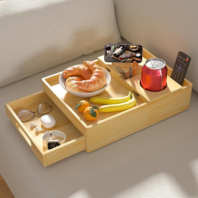 Couch Cup Holder, 7-in-1 Couch Caddy Tray, Sofa Side Table with Push-Pull Drawer to Organize and Store Small Objects, 360°Swivel Phone Holder, for Drinks, Cups, Snacks, Remote