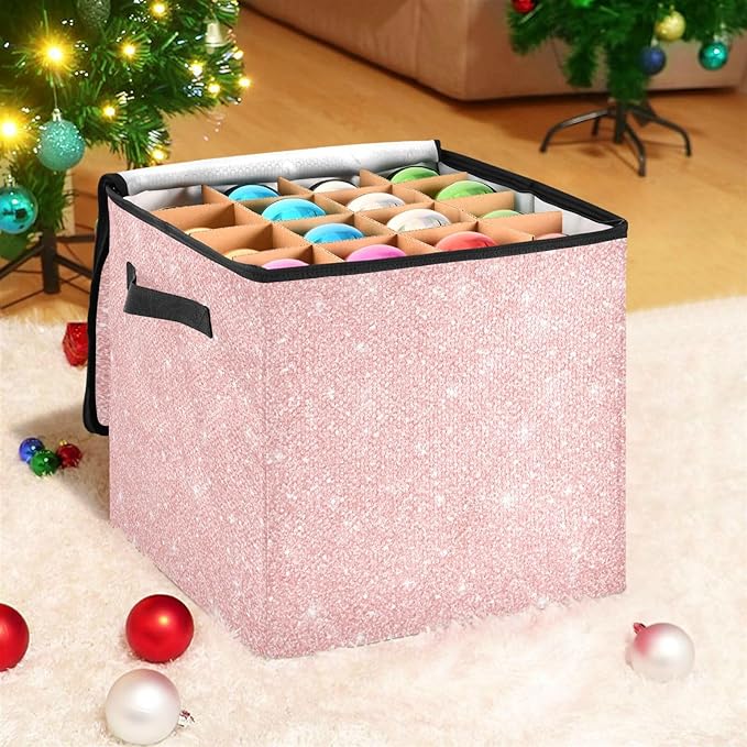 Pink Christmas Ornament Storage Basket Box Winter Xmas Holiday Storage Container Cube with Adjustable Dividers for 64 Holiday Ornaments or Decorations Keeps Clean and Dry for Next Season