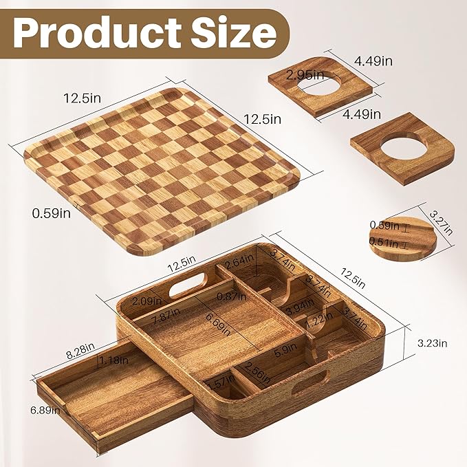 Couch Cup Holder, Checkered Couch Tray Cup Holder Sofa Tray, Acacia Wood Large Capacity 2-Tier Wooden Trays with Drawer for Sofa, Bed, Picnic, Drinks, Snacks, Remote, Cell Phone 12.5 * 12.5 in