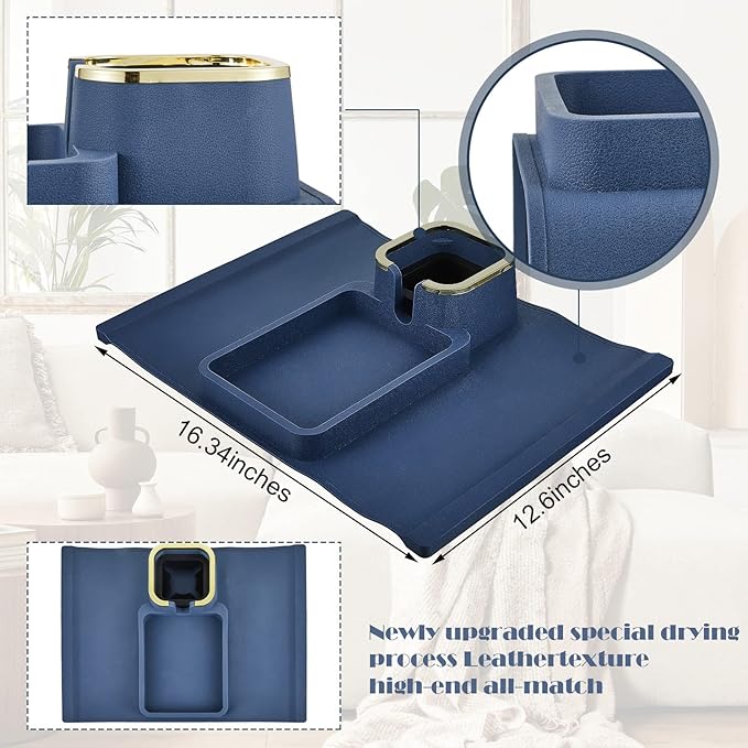 1 Pc Couch Cup Holder Tray Silicone Anti-Spill Anti Slip Sofa Armrest Drink Holder Weighted Couch Caddy Recliner Arm Table for Remote Controls, Phones, Cups and Snacks (Blue)