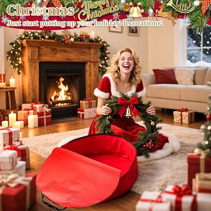 24 Inch RAINFLOW Christmas Wreath Storage Container - Heavy Duty Wreath Storage Bag With Handles Red Thickened Nonwoven Fabric Ideal For Household Organization Halloween Holiday Ornament Storage
