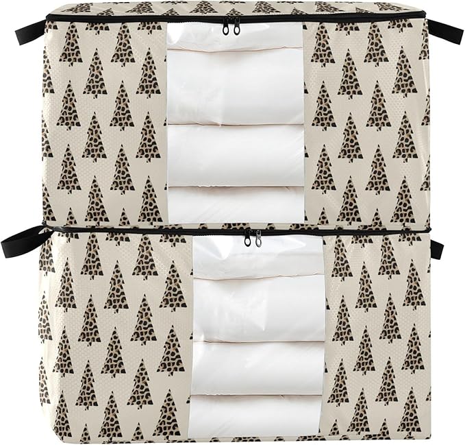 Burbuja Christmas Tree Leopard Clothes Storage Bag with Lids and Handle, 2 Pack Foldable Blanket Storage Container with Sturdy Zipper & Clear Window for Bedroom Closet, 60L