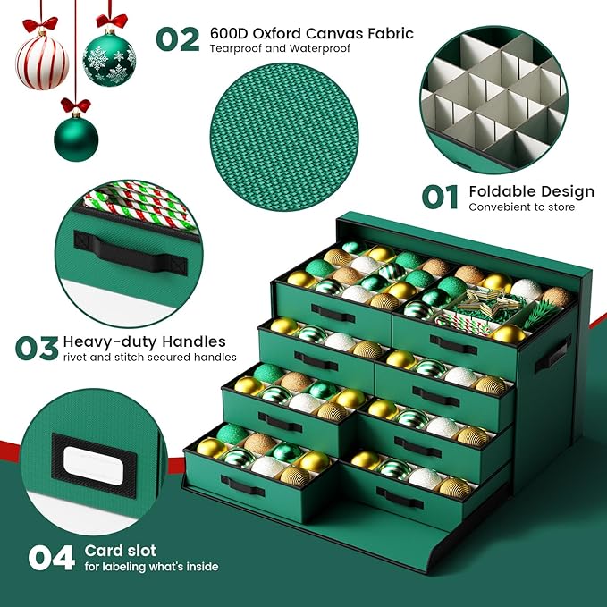 Christmas Ornament Storage Box Store 128 Ornaments, Extra Large Xmas Ornament Organizer Storage box with Lid & Adjustable Dividers, Holiday Decorations Storage Container with 8 Stackable Trays, Green