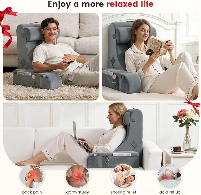 Homkdom Reading Pillow for Sitting in Bed Adult, 22" Back Pillow for Bed Sitting up with Armrests & Storage Pockets, Ergonomic Wedge Pillow for Watching TV, Gaming, Working, Recovery, 5PCS, Grey