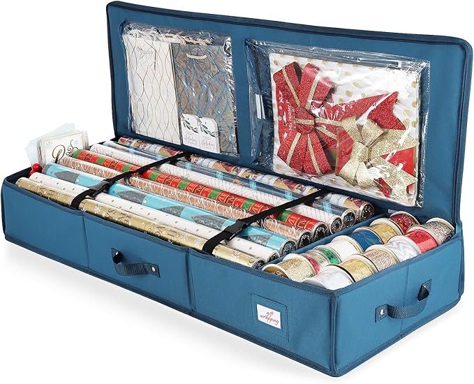 Hearth & Harbor Wrapping Paper Storage Container - Christmas Storage Bag with Interior Pockets - Gift Wrap Organizer Fits Up to 22 Rolls of 40" - Tear Proof, Blue