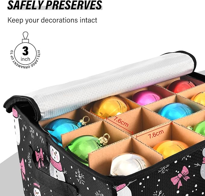 Black Christmas Ornament Storage Basket Box Winter Snowflake Xmas Holiday Storage Container Cube with Adjustable Dividers for 64 Holiday Ornaments or Decorations Keeps Clean and Dry for Next Season