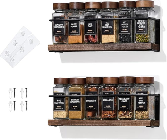 2-Tier Wall Mount Spice Rack Organizer - Screw/Adhesive Mount, Black Metal & Wood Spice Storage for Kitchen Pantry Cabinet, 11.6”L x 2.4”W x 3.2”H,Spice Jars Not Included