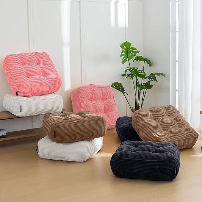 HIGOGOGO 8" Extra Thick Floor Pillow Cushion for Adults, Meditation Cushion Pillow, Large Square Floor Sitting, Tufted Corduroy Cover, for Tatami Living Room or Yoga, 22x22 Inch, 2Pack, Pink