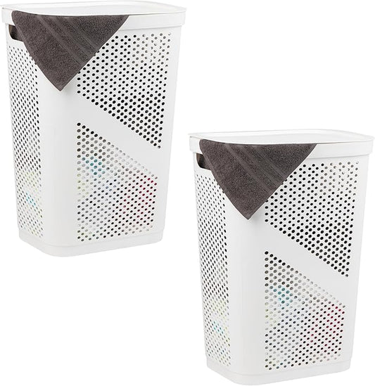 Mind Reader 60L Slim Laundry Hamper, Clothes Basket, Lid, Ventilated, Plastic, Set of 2, White