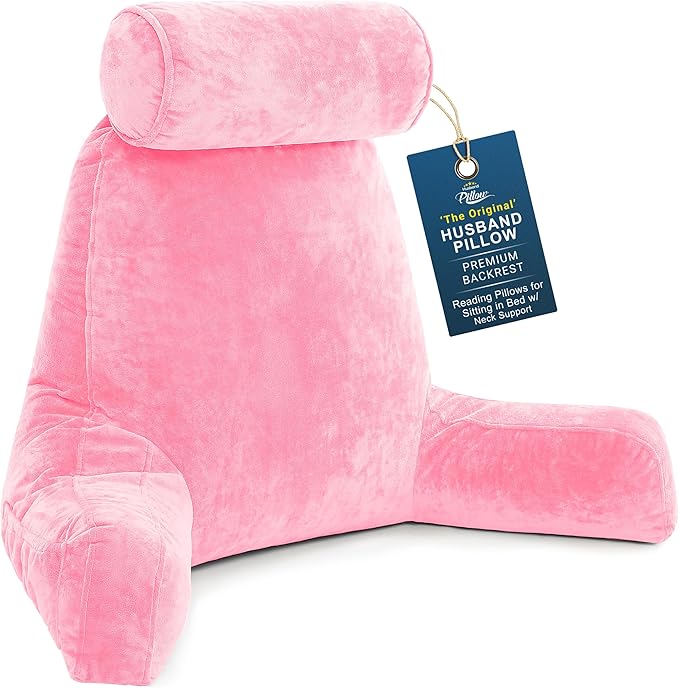 Husband Pillow XXL The Original for Adults - 30" Tall Backrest for Sitting Up in Bed - Firm Support Reading & Bed Rest Pillows for Adults, Neck Roll, Removable Cover - TV - Pink
