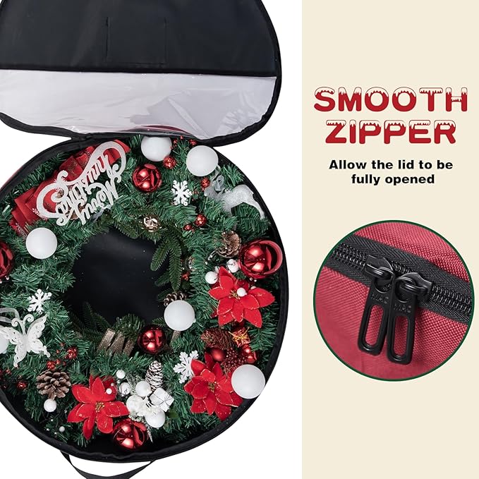 Christmas Wreath Storage Bag 24 inch Christmas Decoration Container with Transparent Window Garland Storage Bag with Three Handles Double Zipper (red) (24")